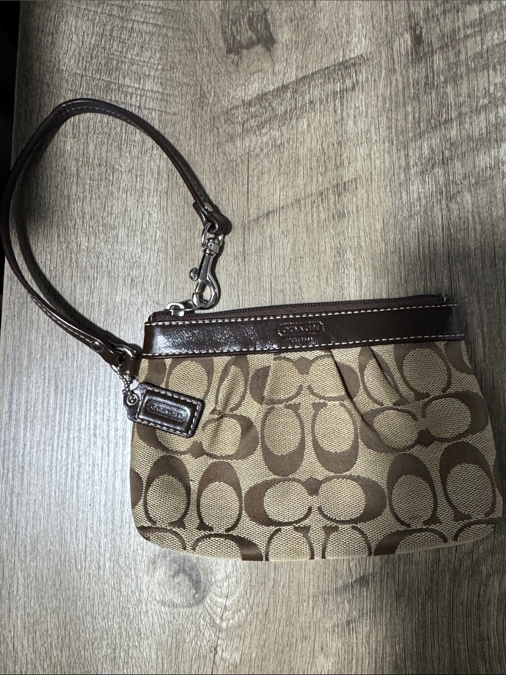 Coach Brown Signature Canvas Wristlet with Leather Trim